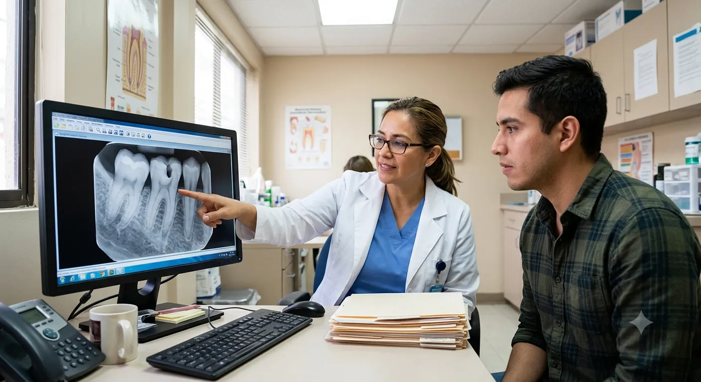Radiografía periapical de alta definición utilizada para detectar lesiones dentro de los tipos de radiografías dentales.